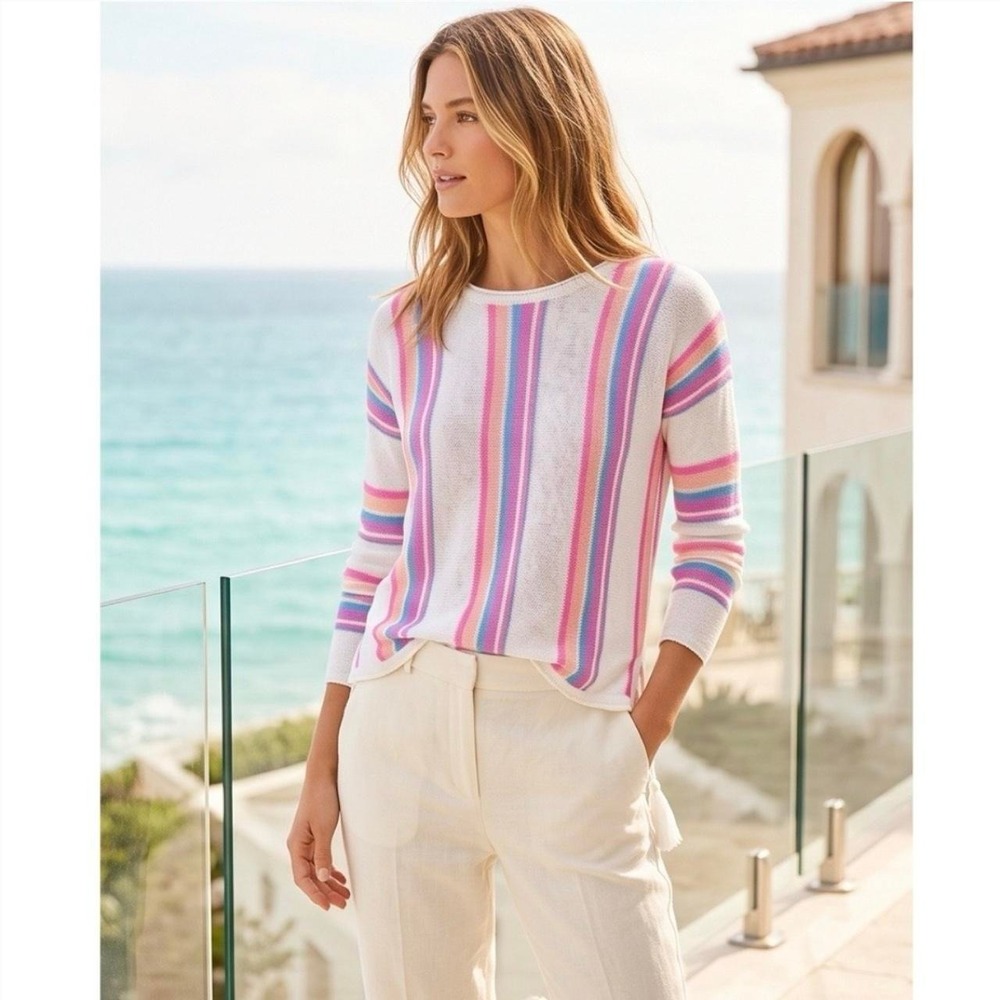 Lilly Pulitzer‎ Womens Striped Tassel Knit Sweater White Pink Blue Size S